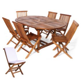 7-Piece Oval Extension Table Folding Chair Set with Royal White Cushions