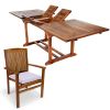 7-Piece Twin Butterfly Leaf Teak Extension Table Stacking Chair Set with Royal White Cushions