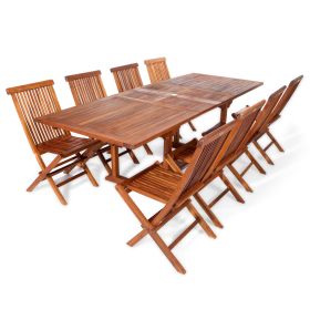 9-Piece Twin Butterfly Leaf Teak Extension Table Folding Chair Set with Blue Cushions