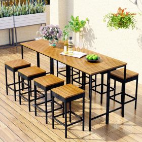 10-Piece Outdoor Patio Wicker Bar Set;  Garden PE Rattan Wicker Dining Table;  Square Stool Set;  Foldable Tabletop;  Acacia Wood Tabletop