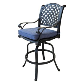 Patio Outdoor Aluminum Bar Stool With Cushion; Set of 2; Navy Blue