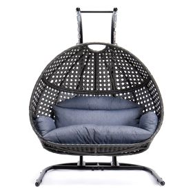 Charcoal Wicker Hanging Double-Seat Swing Chair with Stand w/Dust Blue Cushion