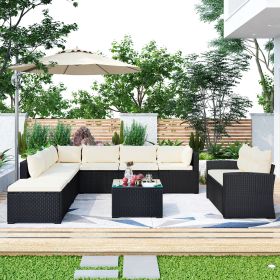 9-piece Outdoor Patio Large Wicker Sofa Set, Rattan Sofa set for Garden, Backyard,Porch and Poolside, Black wicker, Beige Cushion (Color: beige)